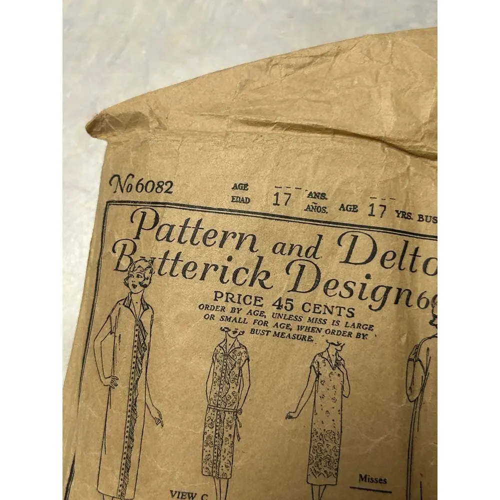 Antique 30's Butterick Pattern #6082 Misses Slip Over 1 Piece Dress Size‎ 17 Yr